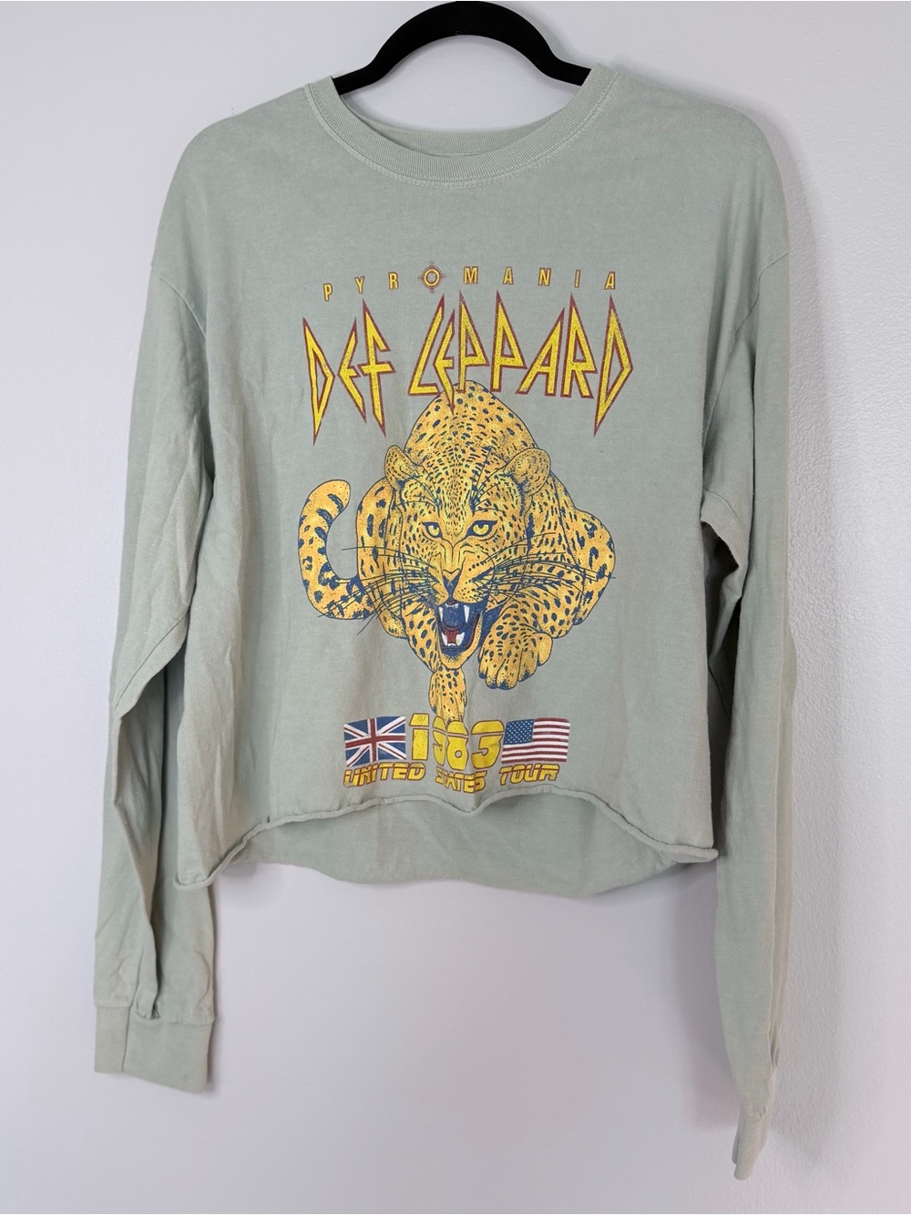 Def Leppard Pyromania Tour Long Sleeve Graphic Tee/Beige- Sage Green